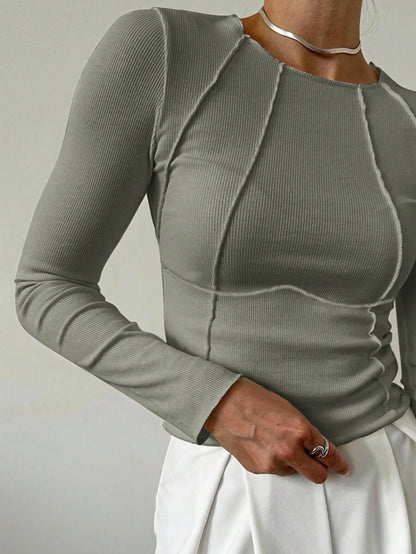 Evelina Seam Detail Ribbed Slim Fit Long Sleeve Knit Top - Sage Green