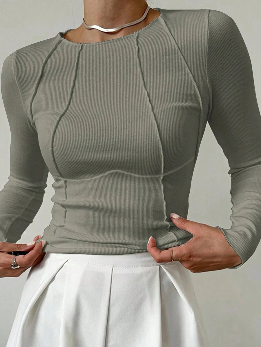 Evelina Seam Detail Ribbed Slim Fit Long Sleeve Knit Top - Sage Green
