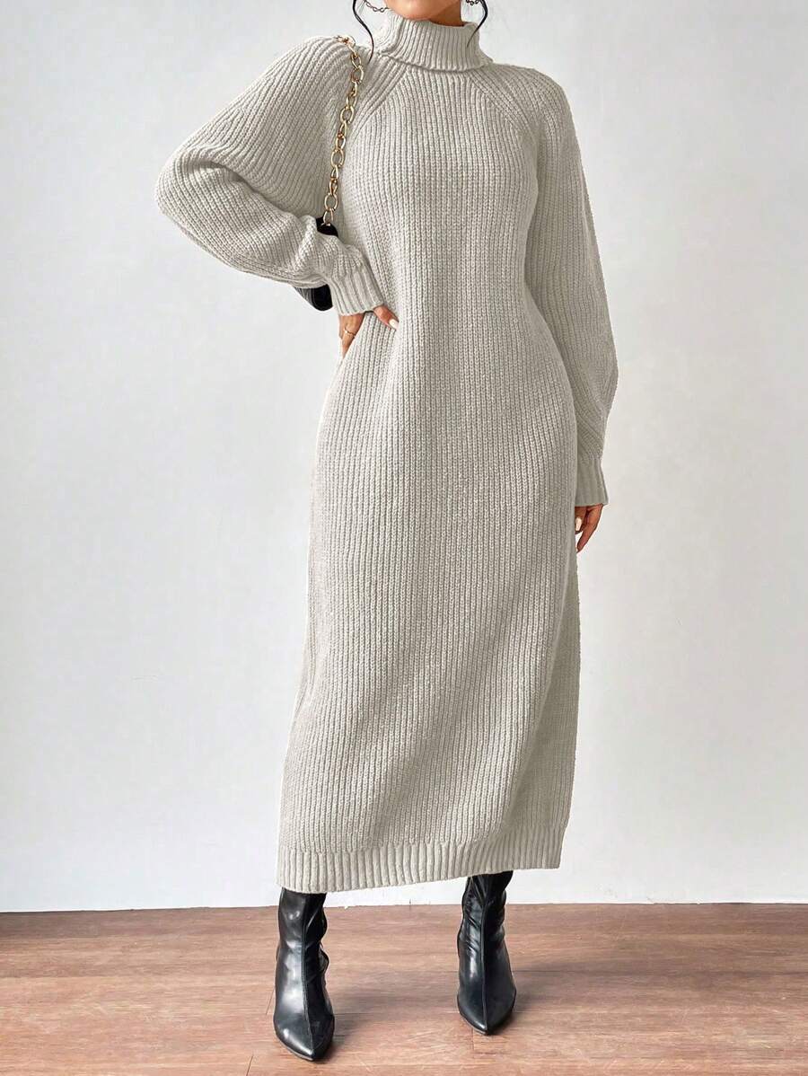 Anya High Neck Raglan Sleeve Sweater Dress - Beige