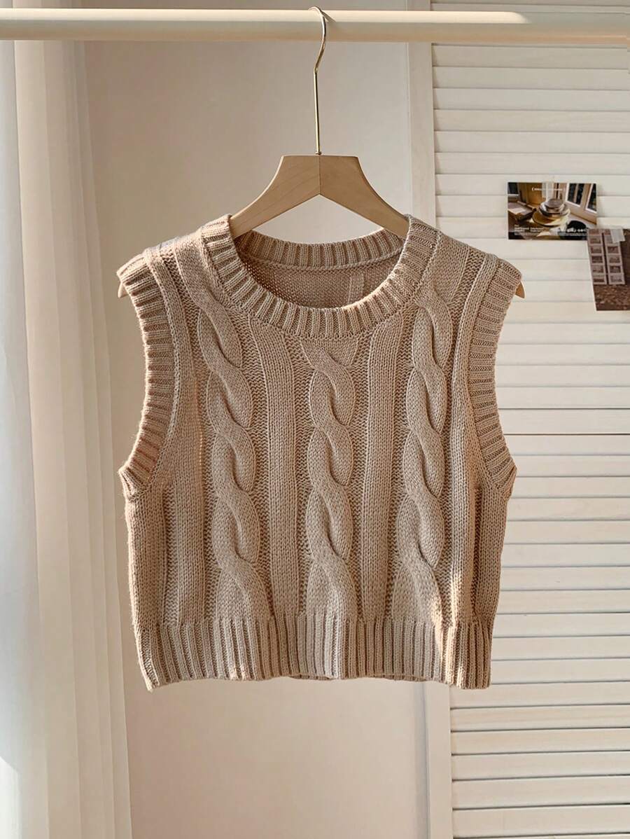 Women's Cropped Cable Knit Sweater Vest, Sleeveless Layering Top for Fall - Coffee Brown