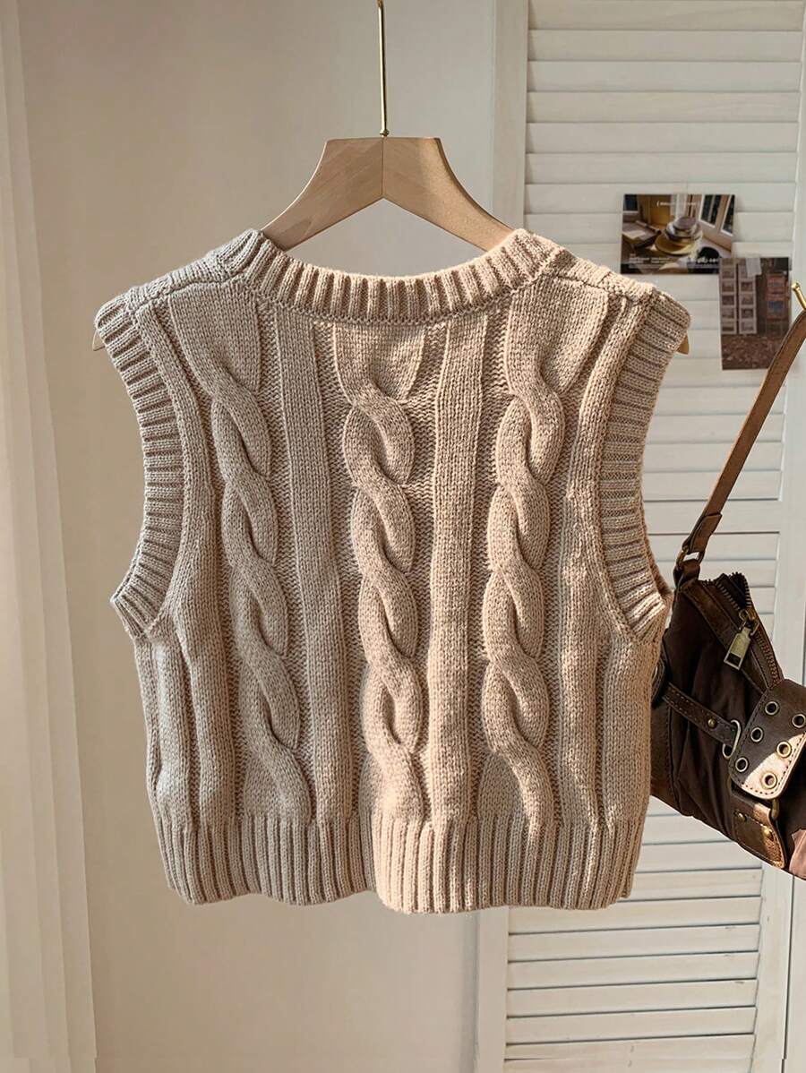Women's Cropped Cable Knit Sweater Vest, Sleeveless Layering Top for Fall - Coffee Brown