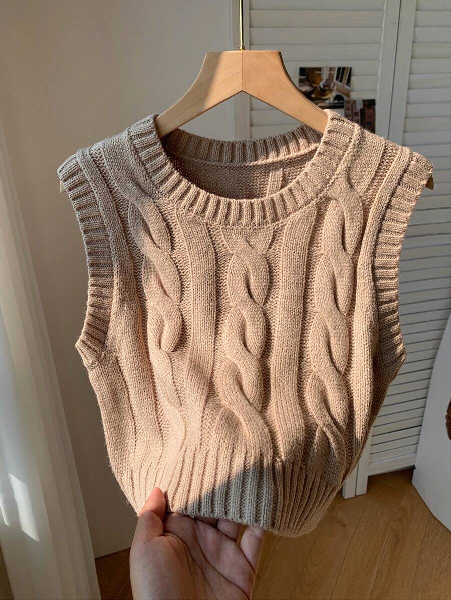 Women's Cropped Cable Knit Sweater Vest, Sleeveless Layering Top for Fall - Khaki