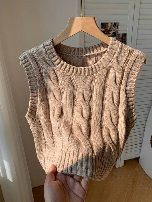 Women's Cropped Cable Knit Sweater Vest, Sleeveless Layering Top for Fall - Khaki