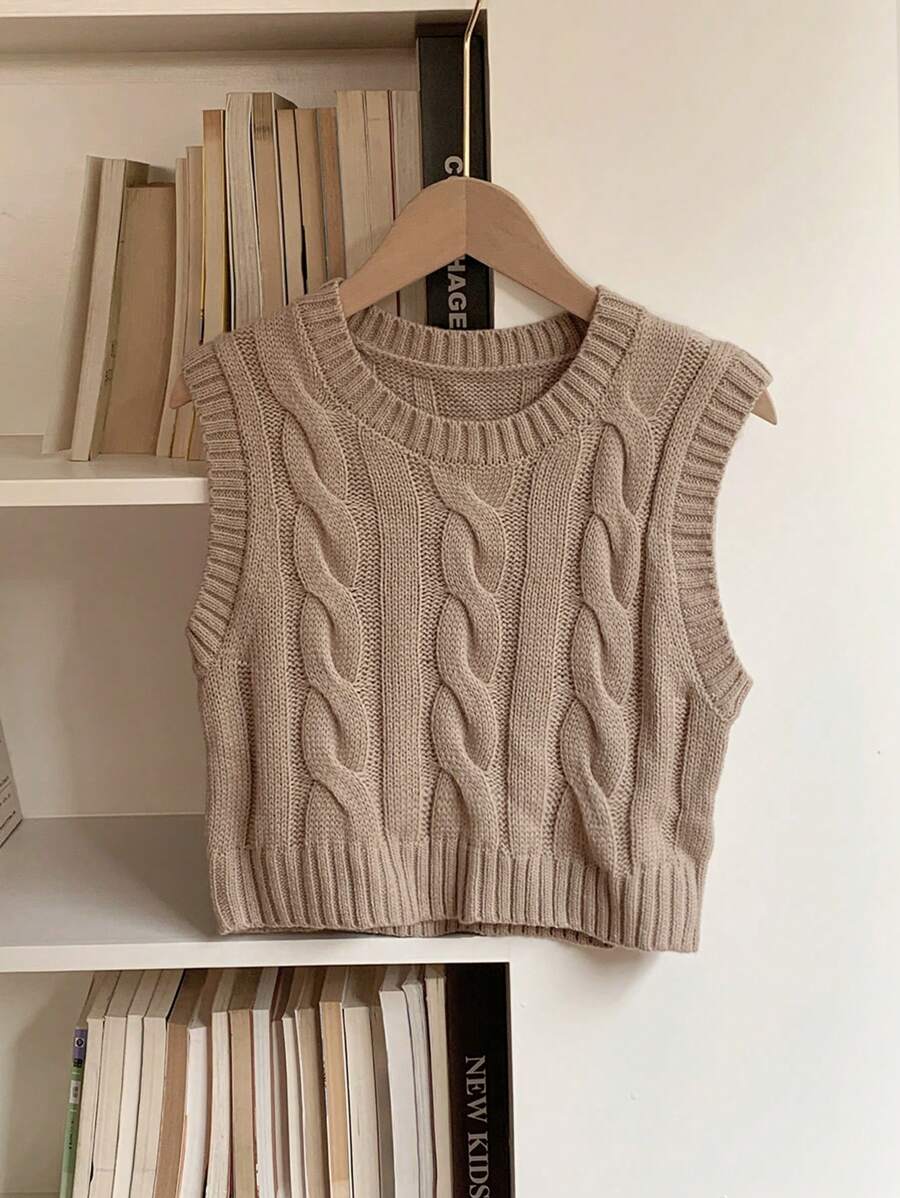 Women's Cropped Cable Knit Sweater Vest, Sleeveless Layering Top for Fall - Coffee Brown