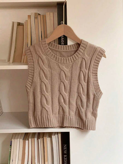 Women's Cropped Cable Knit Sweater Vest, Sleeveless Layering Top for Fall - Coffee Brown