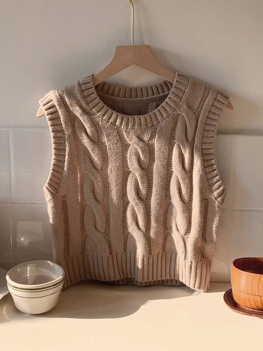 Women's Cropped Cable Knit Sweater Vest, Sleeveless Layering Top for Fall - Coffee Brown