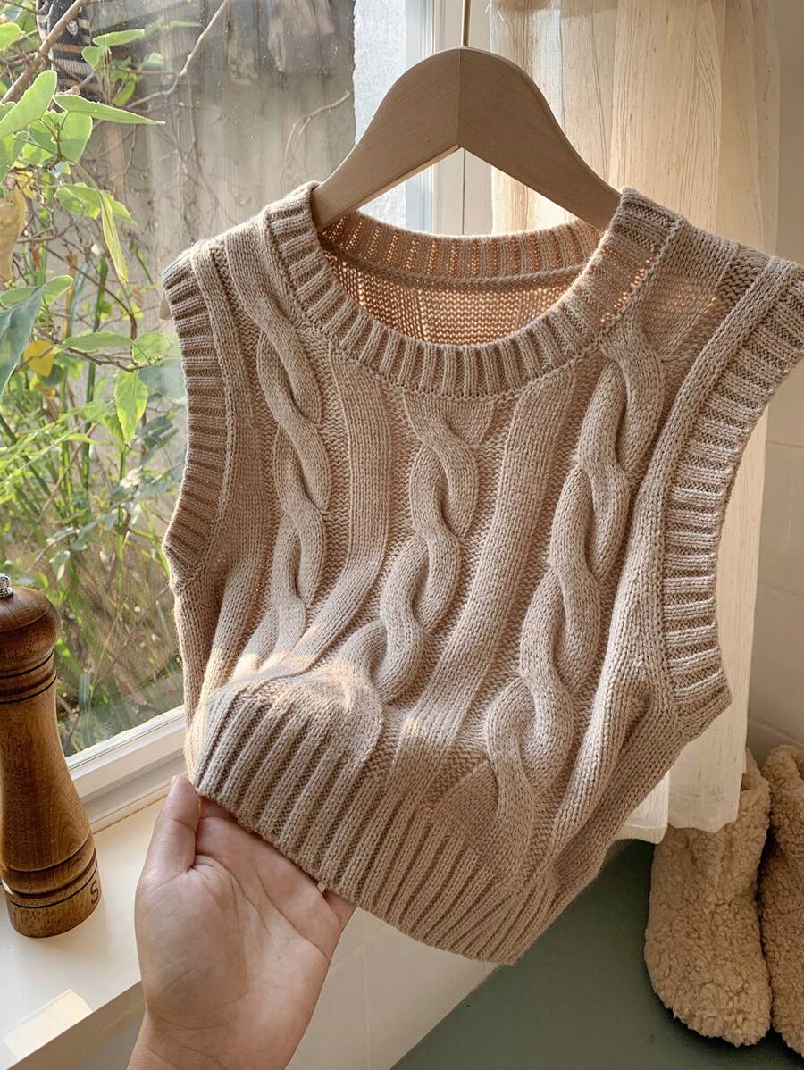 Women's Cropped Cable Knit Sweater Vest, Sleeveless Layering Top for Fall - Coffee Brown