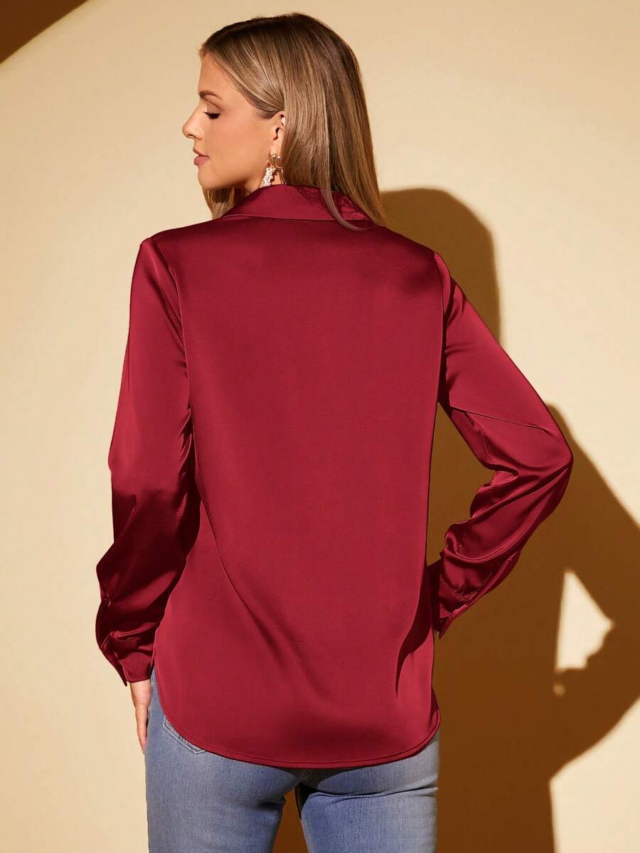 Women's Satin Collared Long Sleeve Shirt, Lapel Silky Blouse for Work and Evening - Dark Green