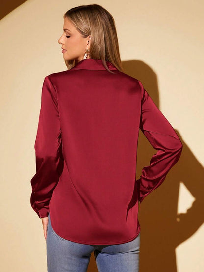 Women's Satin Collared Long Sleeve Shirt, Lapel Silky Blouse for Work and Evening - Dark Green