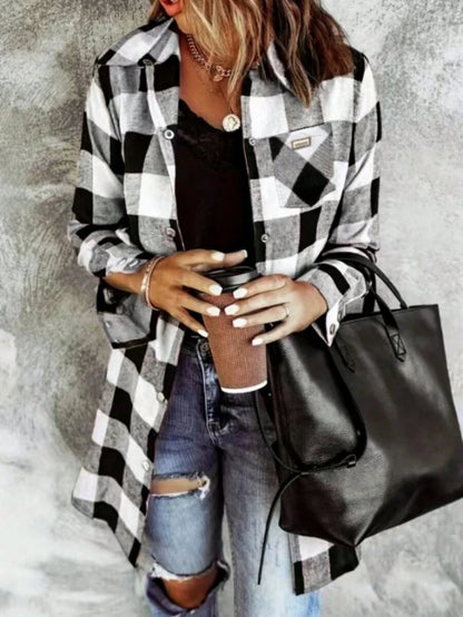 Sherwood Flannel Plaid Button Up Shirt Jacket with Pockets - Black and White