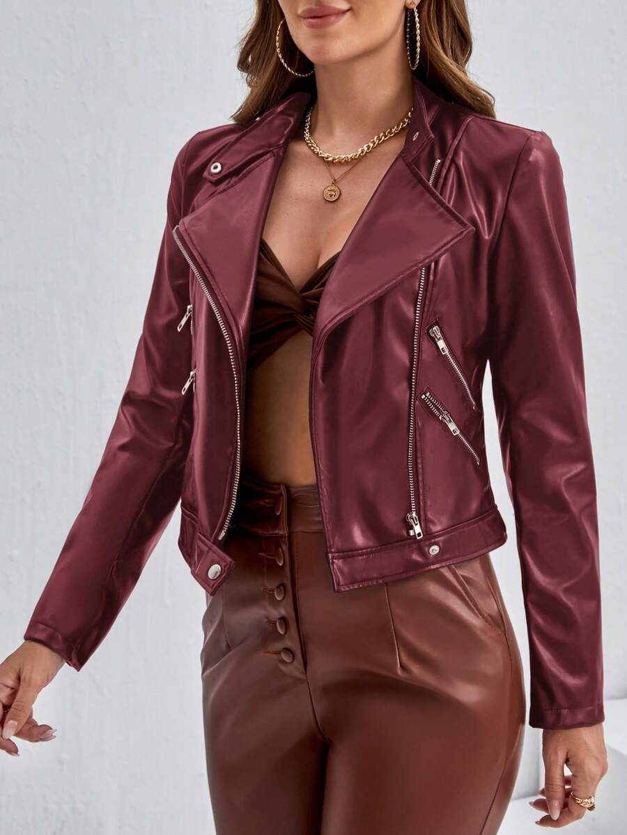 Lugano Faux Leather Zip Detail Moto Biker Jacket - Burgundy