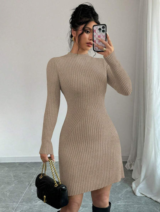 Serena Fitted Ribbed Knit Mock Neck Long Sleeve Sweater Dress - Camel