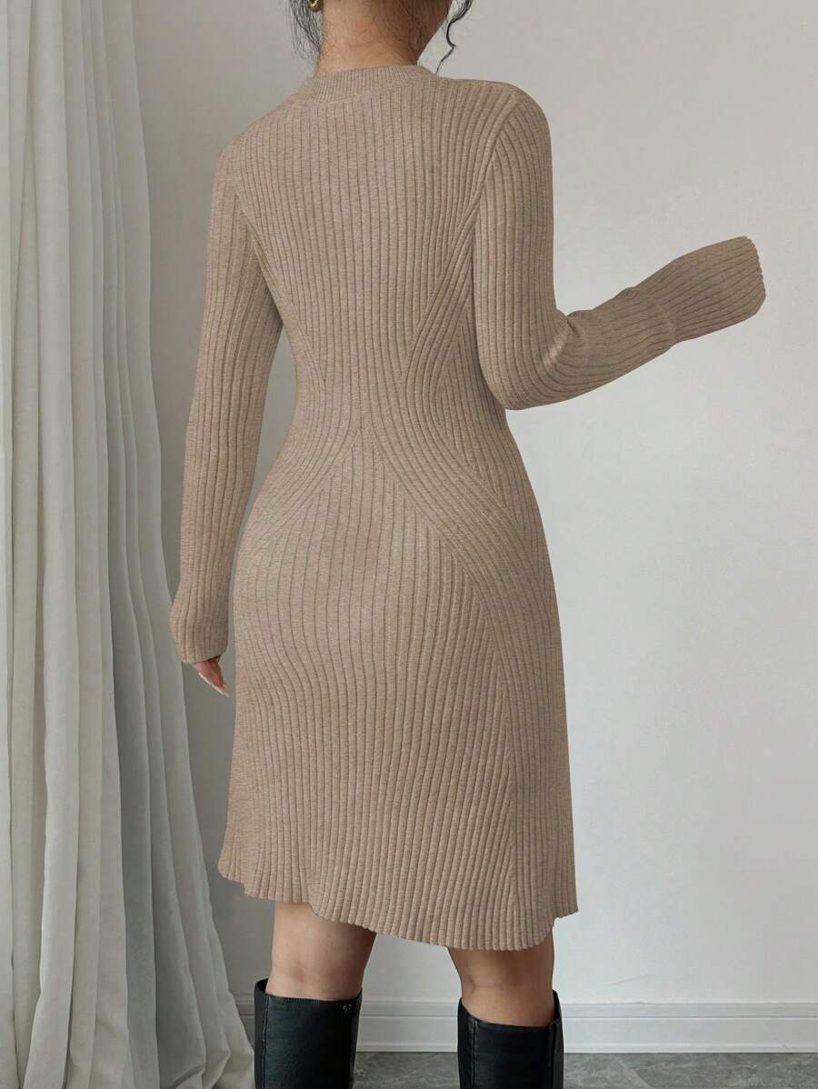 Serena Fitted Ribbed Knit Mock Neck Long Sleeve Sweater Dress - Camel
