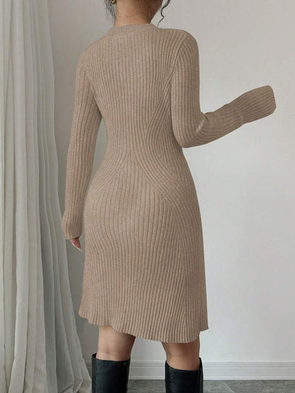 Serena Fitted Ribbed Knit Mock Neck Long Sleeve Sweater Dress - Camel