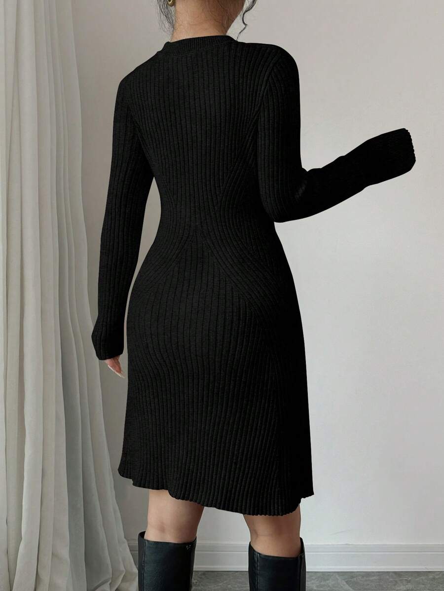 Serena Fitted Ribbed Knit Mock Neck Long Sleeve Sweater Dress - Black