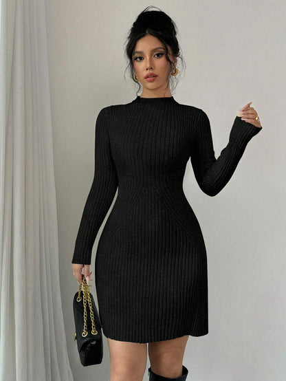 Serena Fitted Ribbed Knit Mock Neck Long Sleeve Sweater Dress - Black