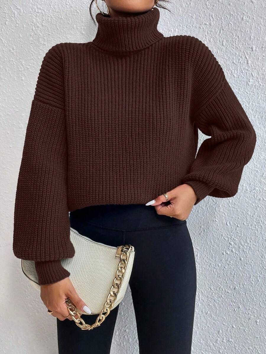 Wilhelmina Rib Knit Turtleneck Drop Shoulder Pullover Sweater - Red Violet
