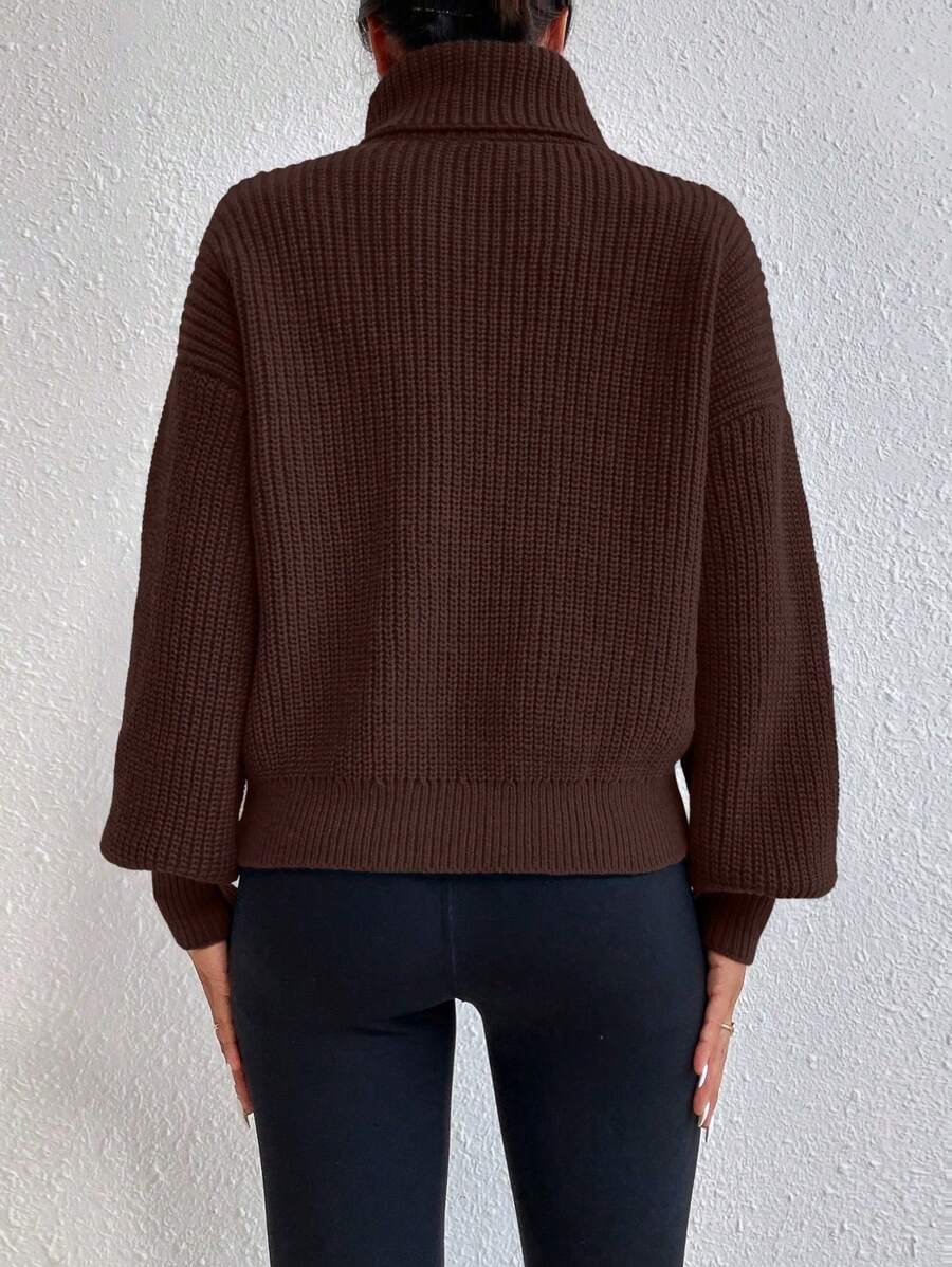 Wilhelmina Rib Knit Turtleneck Drop Shoulder Pullover Sweater - Redwood