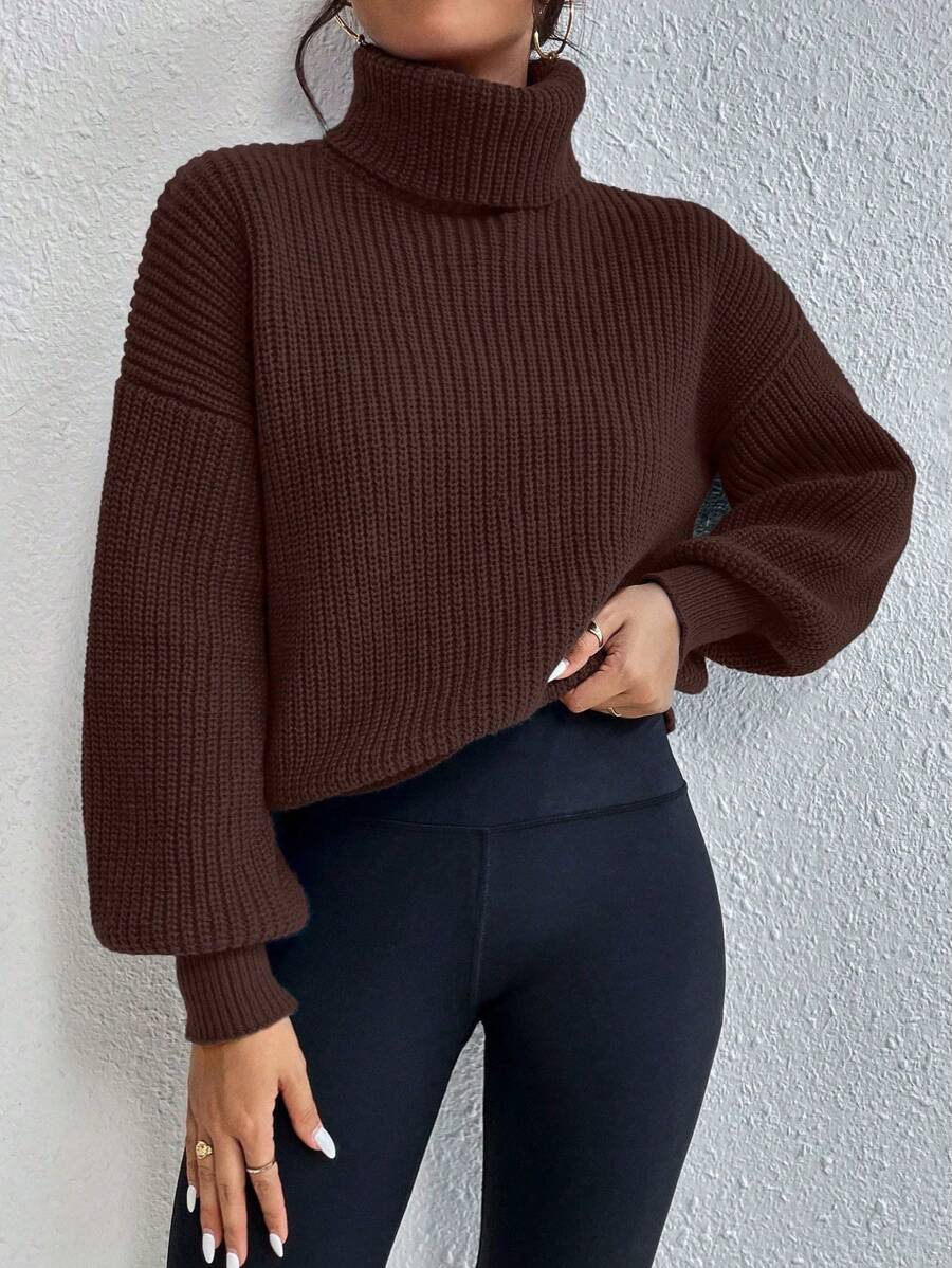 Wilhelmina Rib Knit Turtleneck Drop Shoulder Pullover Sweater - Rose Red
