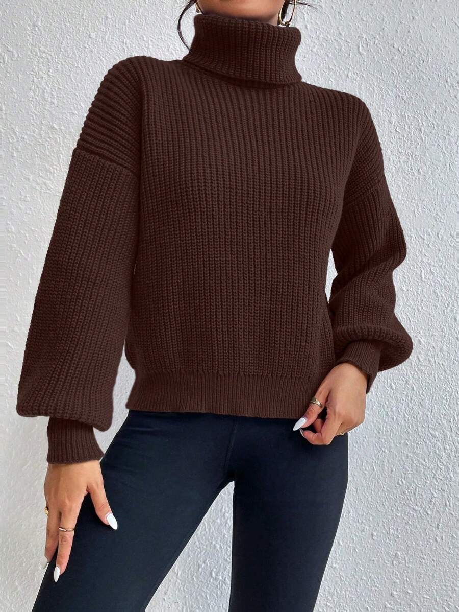 Wilhelmina Rib Knit Turtleneck Drop Shoulder Pullover Sweater - Dusty Pink