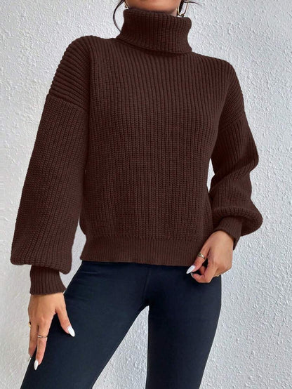 Wilhelmina Rib Knit Turtleneck Drop Shoulder Pullover Sweater - Dusty Pink