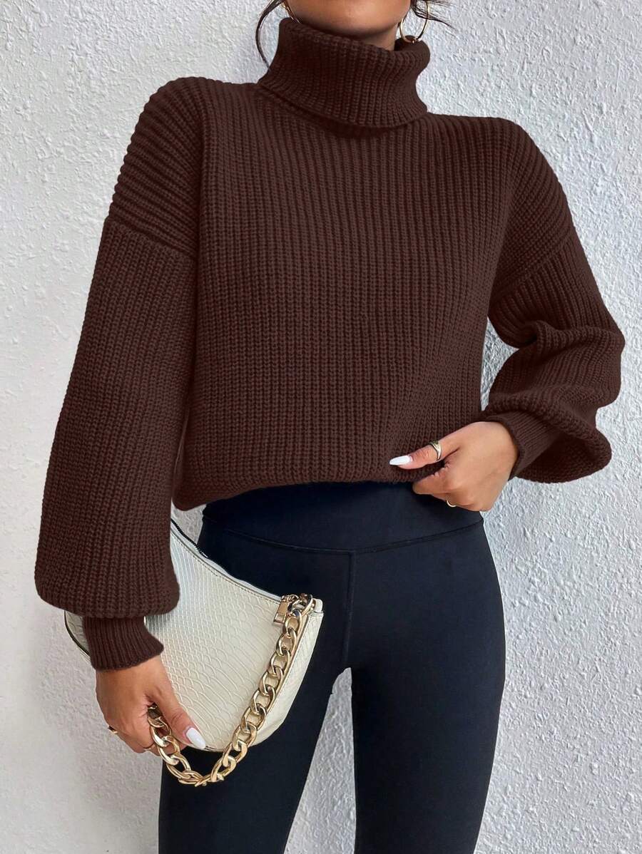 Wilhelmina Rib Knit Turtleneck Drop Shoulder Pullover Sweater - Coffee Brown