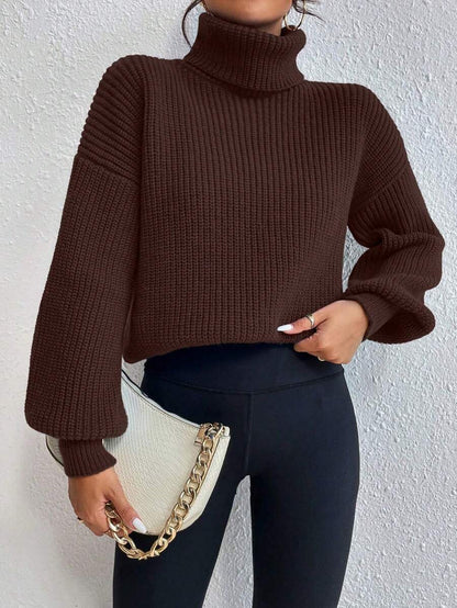 Wilhelmina Rib Knit Turtleneck Drop Shoulder Pullover Sweater - Coffee Brown