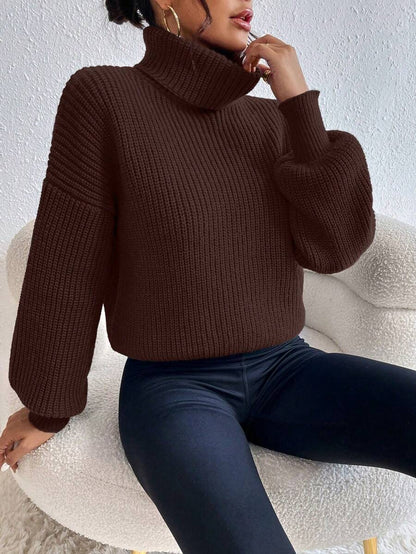 Wilhelmina Rib Knit Turtleneck Drop Shoulder Pullover Sweater - Baby Pink