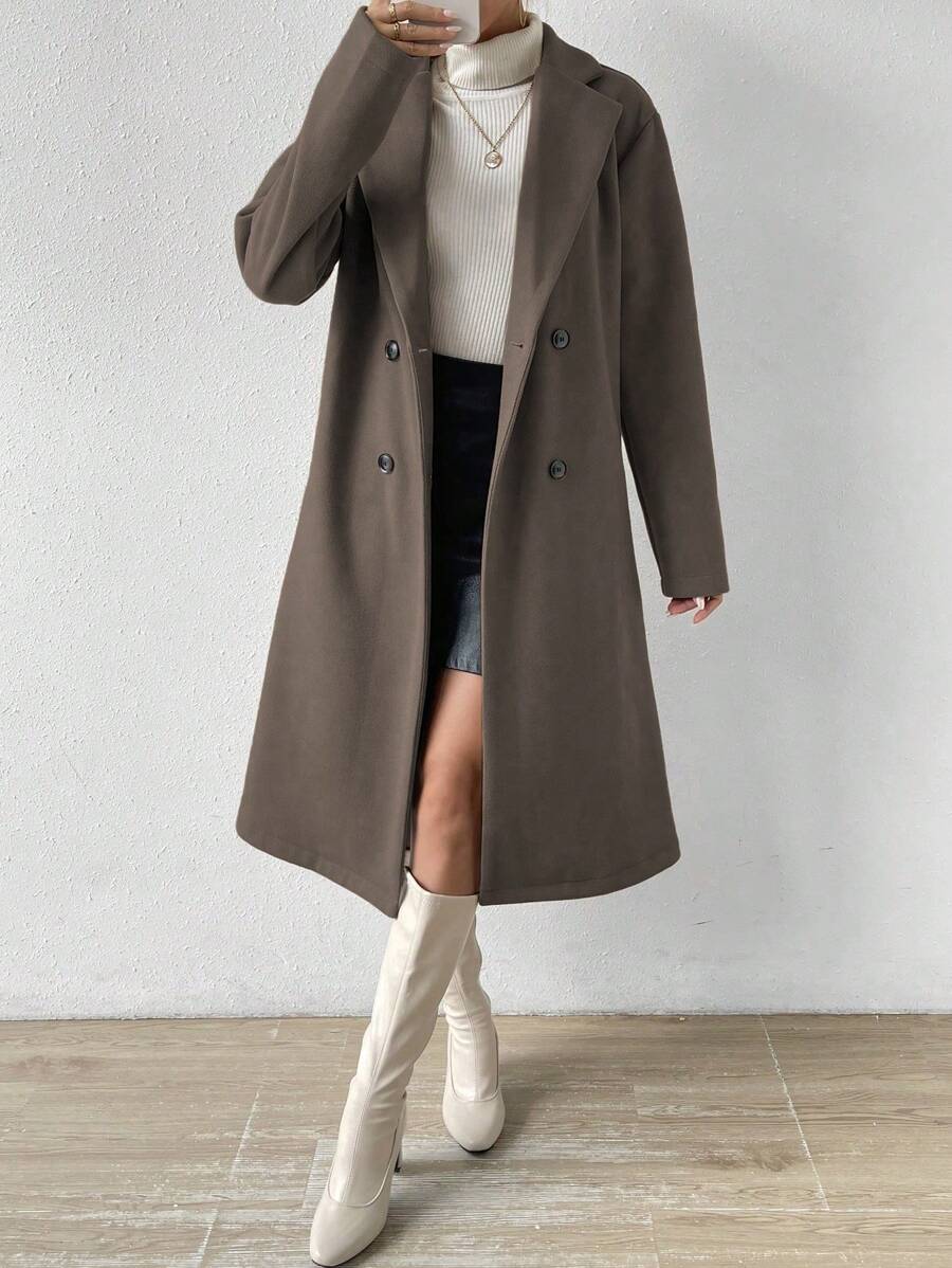 Victoria Classic Double-Breasted Longline Tailored Overcoat - Coffee Brown