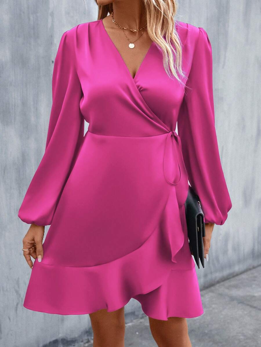 Women's Satin Wrap Dress, Tie Waist Ruffle Hem Silky Dress for Wedding Guest and Evening - Orange