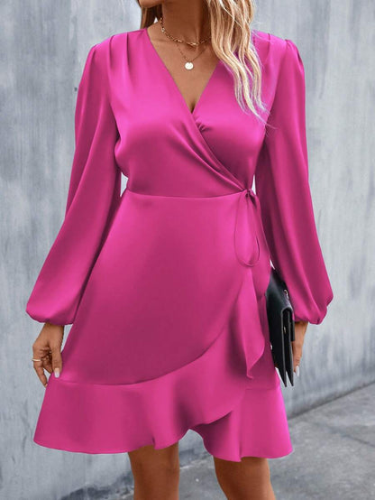 Women's Satin Wrap Dress, Tie Waist Ruffle Hem Silky Dress for Wedding Guest and Evening - Orange