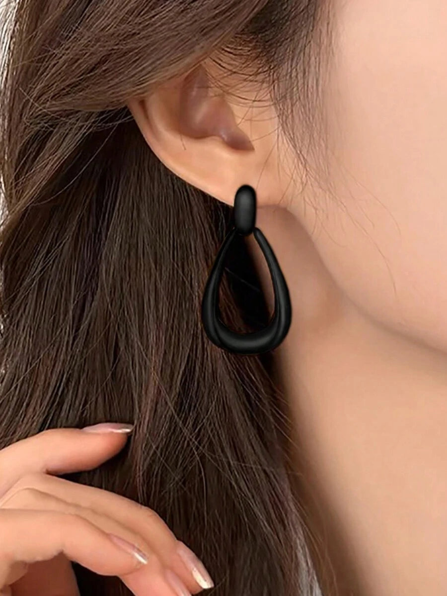 Women's Teardrop Drop Earrings Gold, Geometric Open Statement Earrings 1.7 Inch for Everyday and Vacation - Black