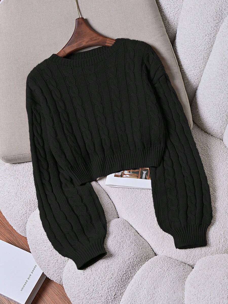 Oriana Cropped Cable Knit Sweater with Crew Neck - Black