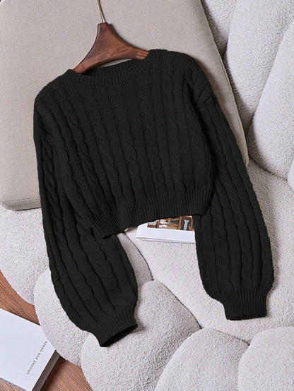 Oriana Cropped Cable Knit Sweater with Crew Neck - Black