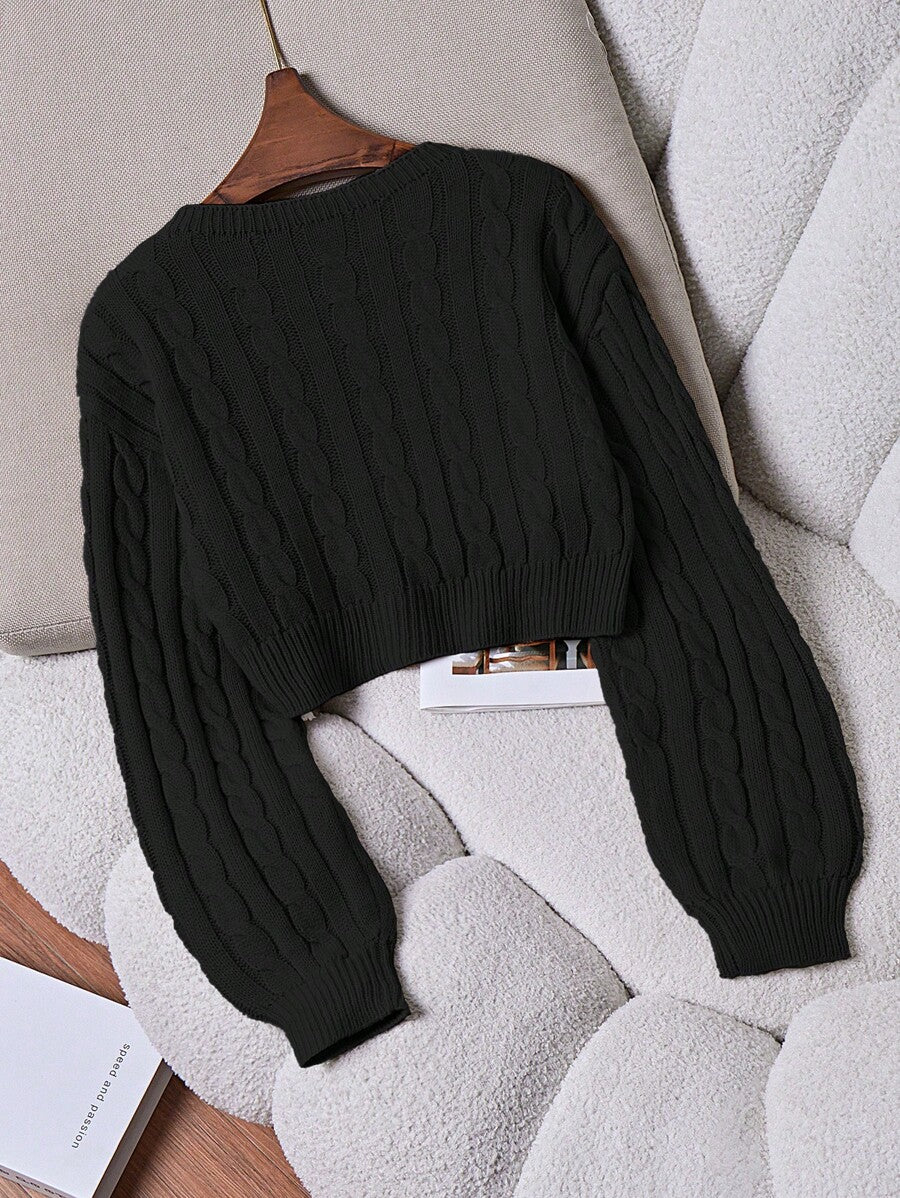 Oriana Cropped Cable Knit Sweater with Crew Neck - Black