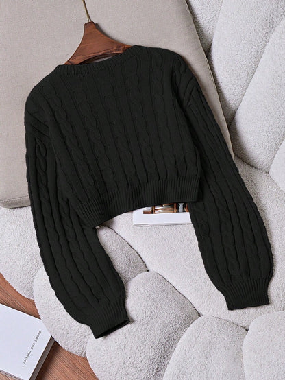 Oriana Cropped Cable Knit Sweater with Crew Neck - Black