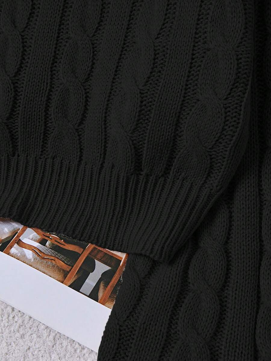 Oriana Cropped Cable Knit Sweater with Crew Neck - Black