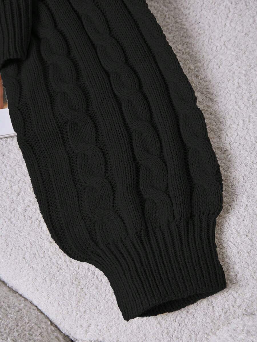 Oriana Cropped Cable Knit Sweater with Crew Neck - Black