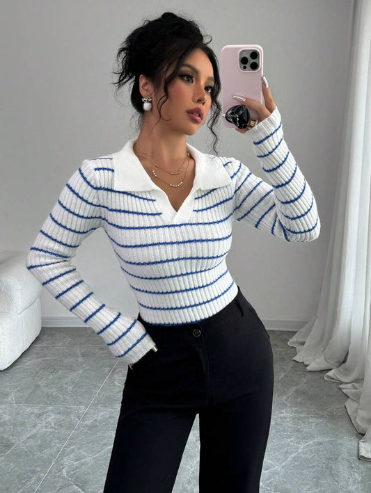 Margot Striped Slim Fit Pullover Sweater - Blue and White