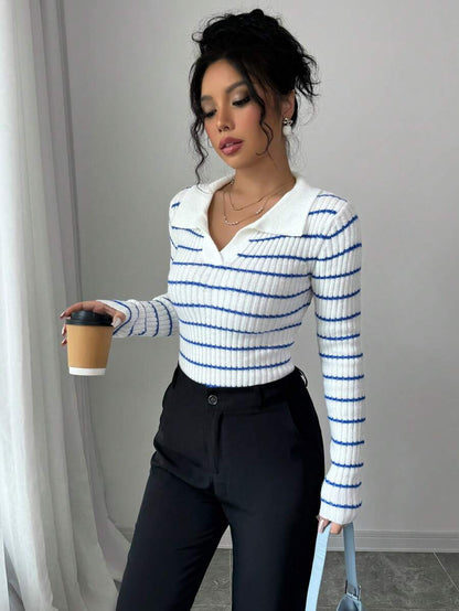 Margot Striped Slim Fit Pullover Sweater - Blue and White