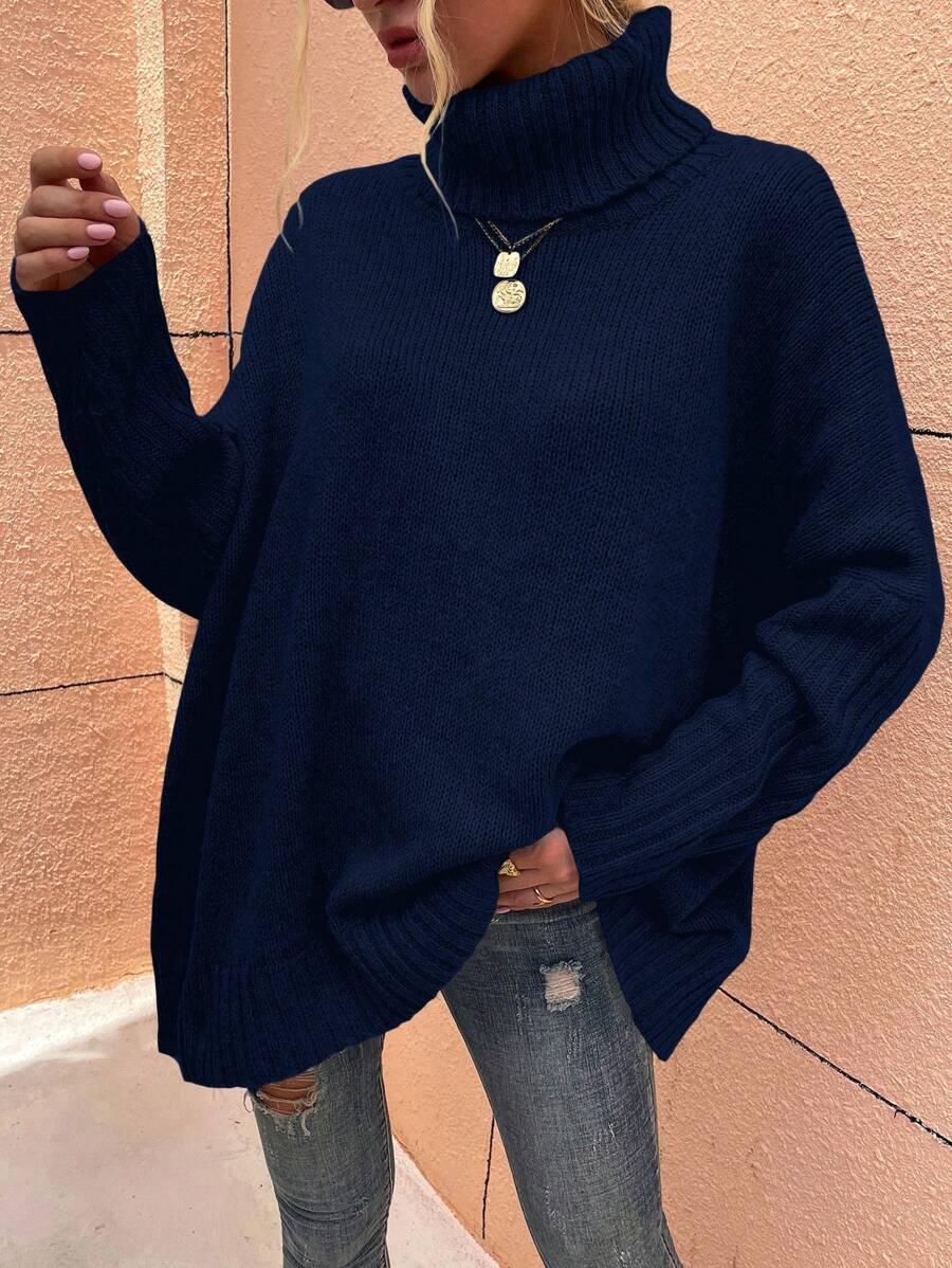 Alesund Oversized Turtleneck Batwing Sleeve Sweater - Navy Blue