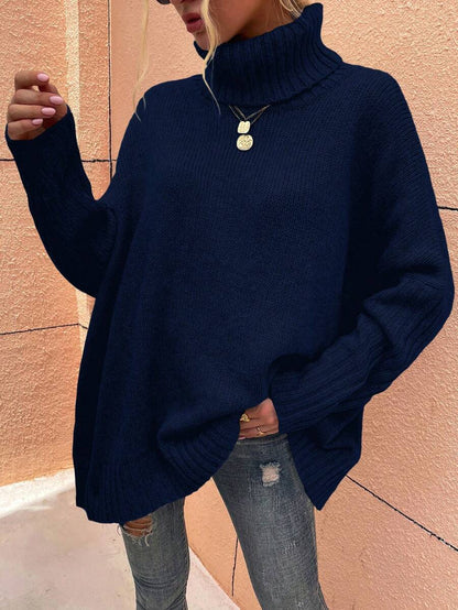 Alesund Oversized Turtleneck Batwing Sleeve Sweater - Navy Blue