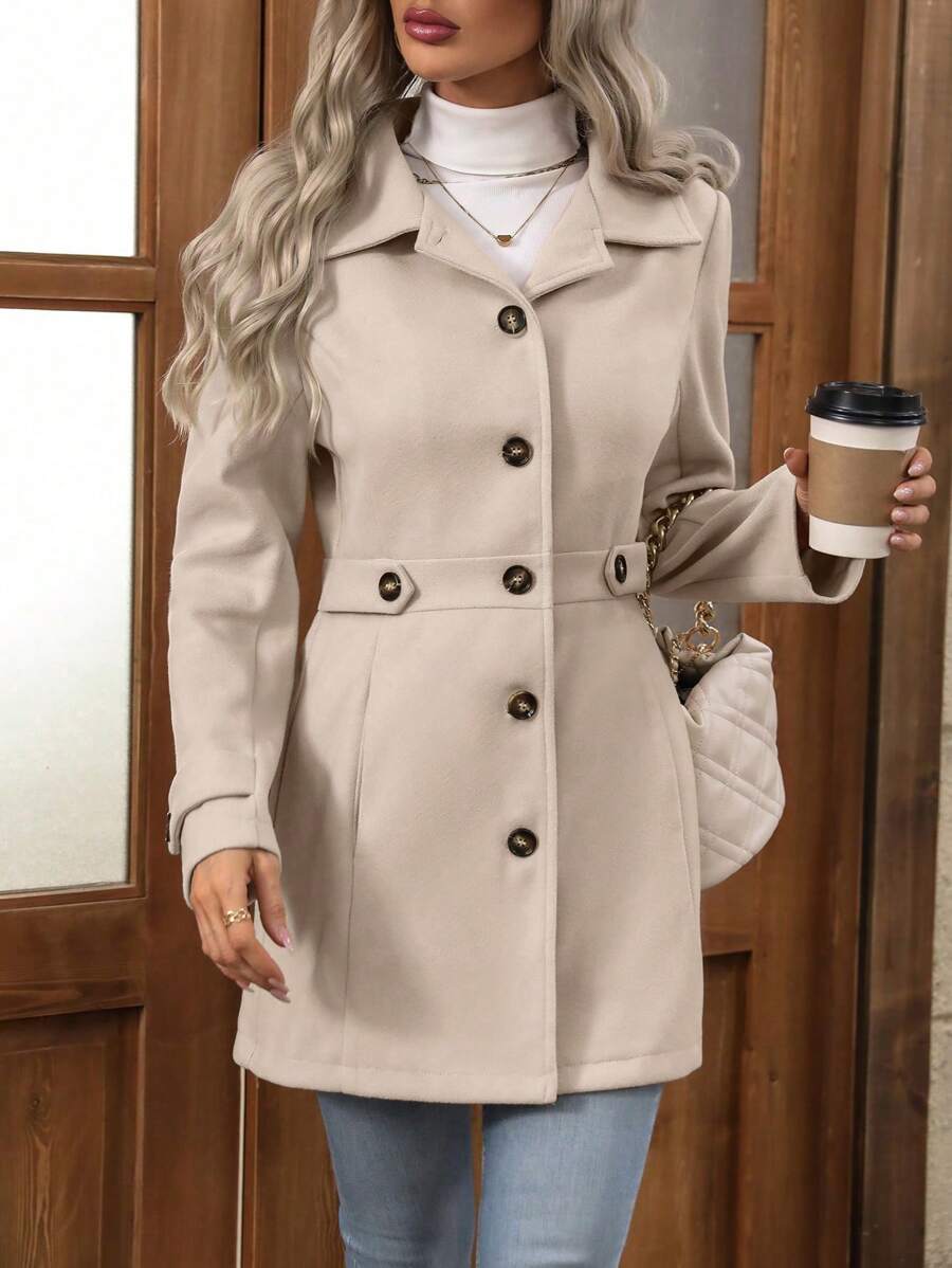 Juliana Single-Breasted Collared Coat with Button Front and Pockets - Brown