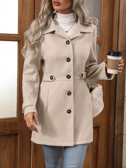 Juliana Single-Breasted Collared Coat with Button Front and Pockets - Brown
