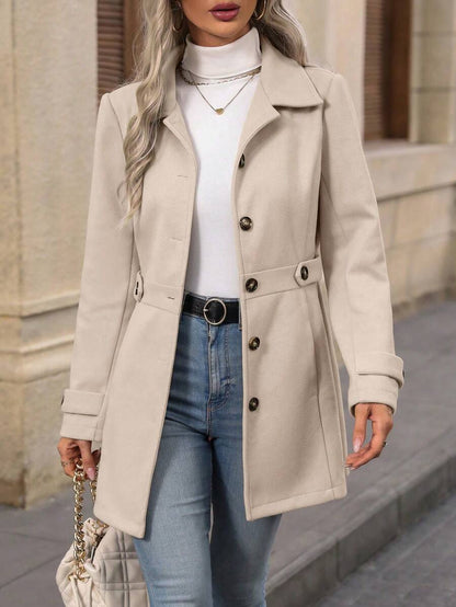 Juliana Single-Breasted Collared Coat with Button Front and Pockets - Apricot