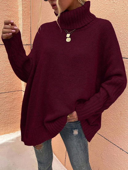 Alesund Oversized Turtleneck Batwing Sleeve Sweater - Burgundy