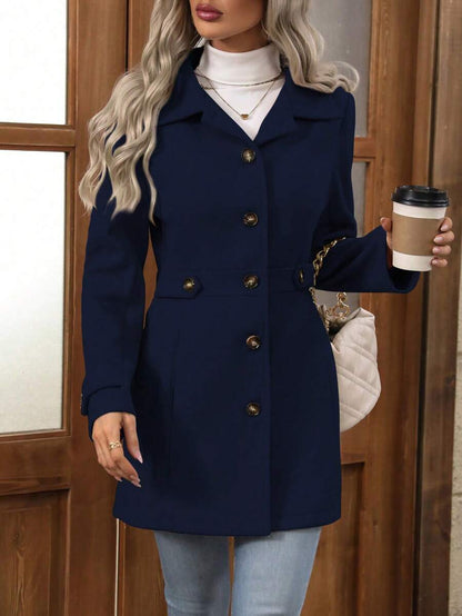 Juliana Single-Breasted Collared Coat with Button Front and Pockets - Navy Blue