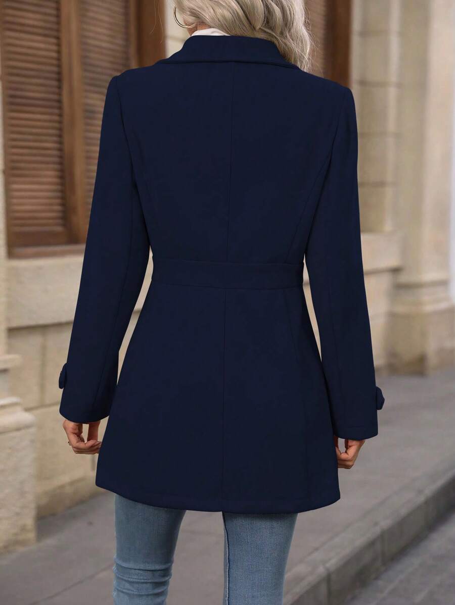 Juliana Single-Breasted Collared Coat with Button Front and Pockets - Navy Blue