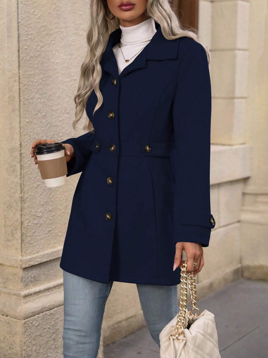 Juliana Single-Breasted Collared Coat with Button Front and Pockets - Dark Grey