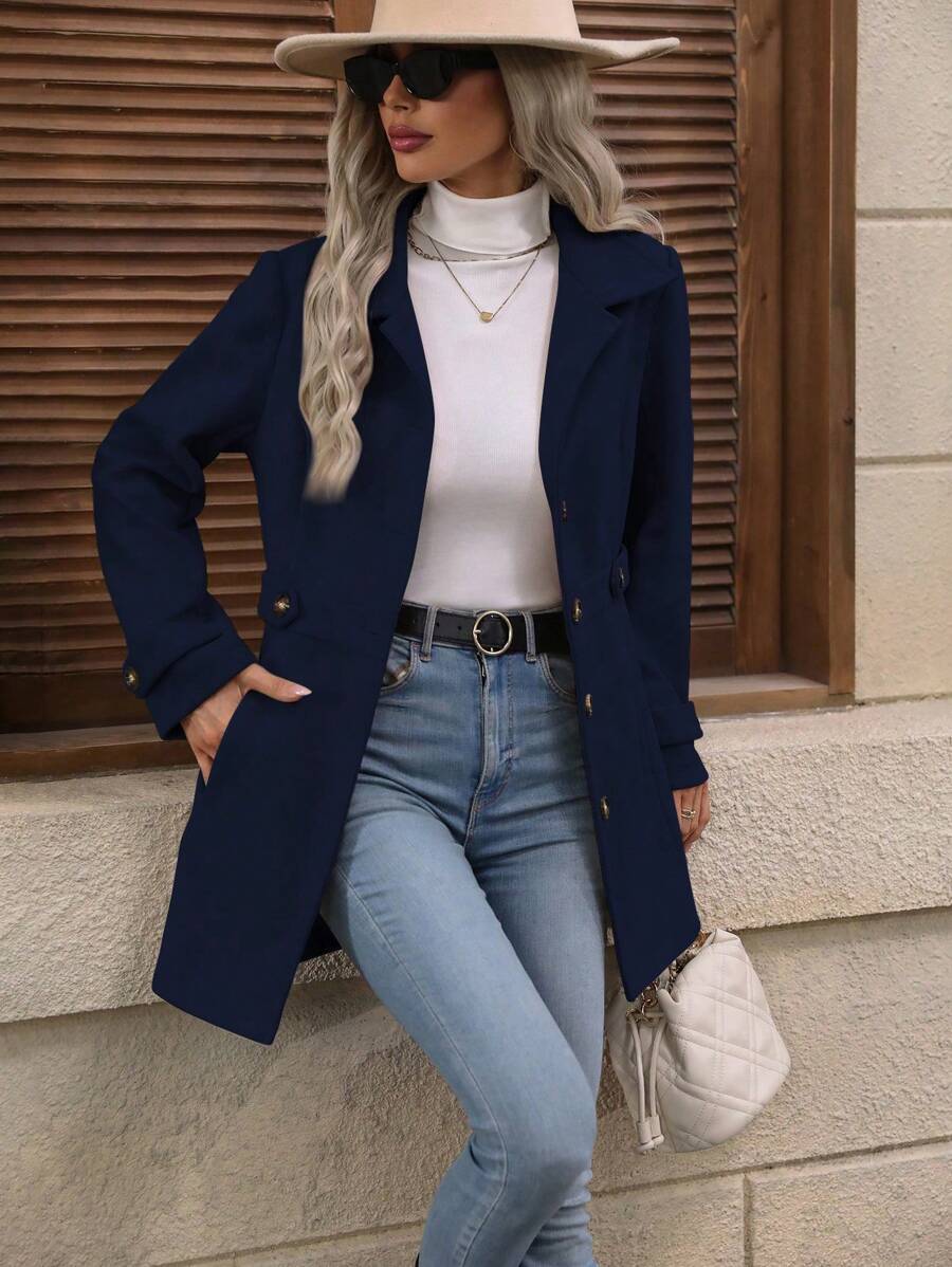 Juliana Single-Breasted Collared Coat with Button Front and Pockets - Camel